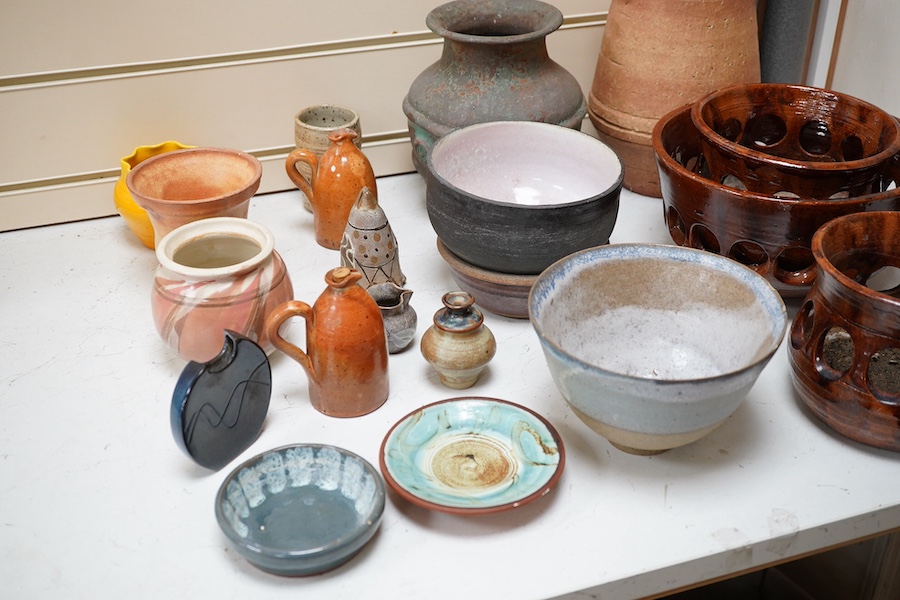 Four Philippa Fawcett College studio pots and a collection of other unsigned studio pottery, largest 34cm in diameter. Condition - mostly good